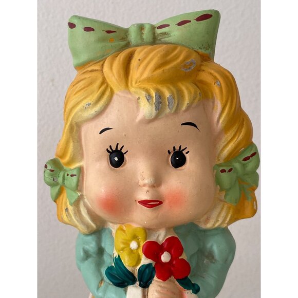 Vintage Girl Holding Flower COIN BANK Japan Ceramic Chalkware 1960's Decor AS IS - Picture 2 of 16